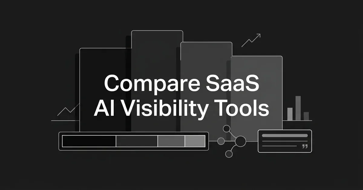 Monochrome flat-vector cover showing four layered comparison cards, a share-of-voice bar split into four segments, and linked nodes feeding an answer box, behind the centered cover line 'Compare SaaS AI Visibility Tools'.