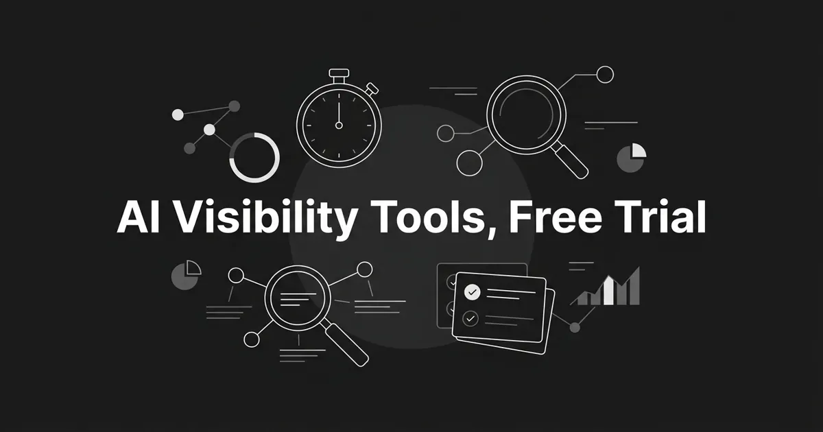 Monochrome cover with the centered white line 'AI Visibility Tools, Free Trial' surrounded by flat vector motifs of a countdown ring, a magnifying glass over connected answer nodes, and layered tool cards with checkmarks on a charcoal background.