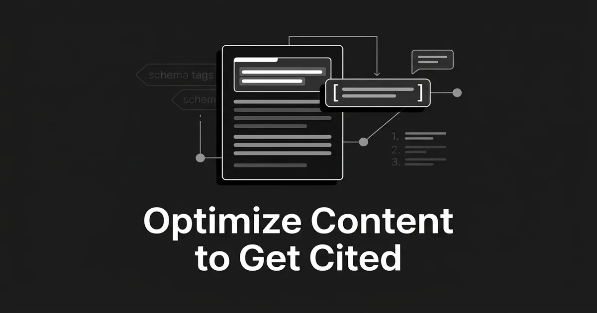 Monochrome geometric illustration of a structured content block with a highlighted answer snippet being extracted into an AI answer bubble, under the cover line Optimize Content to Get Cited.
