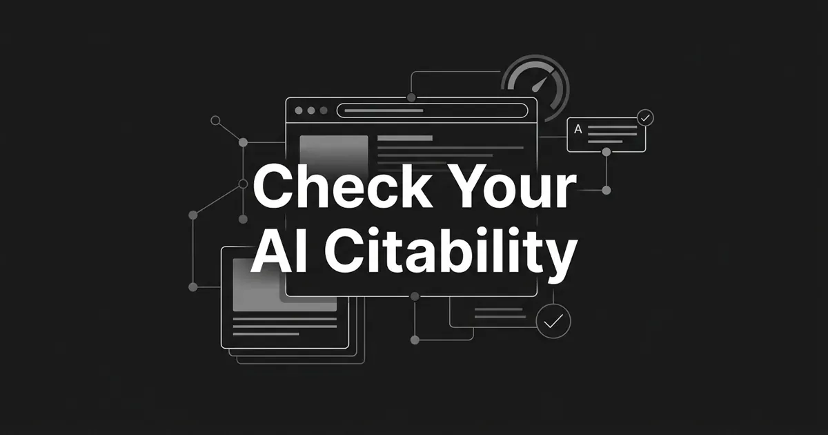 Monochrome abstract cover showing a browser window and page linked by nodes to a citation score gauge, with the centered white cover line Check Your AI Citability.