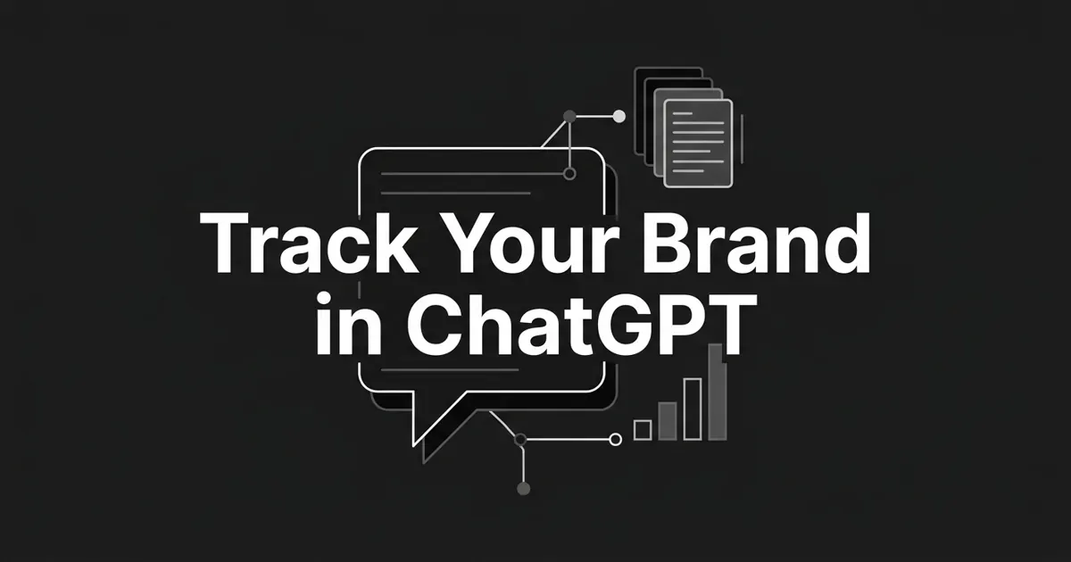 Monochrome cover illustration with the centered white cover line 'Track Your Brand in ChatGPT' over an abstract chat-answer bubble linked by nodes to layered source cards and a rising visibility bar-chart fragment on a charcoal background.