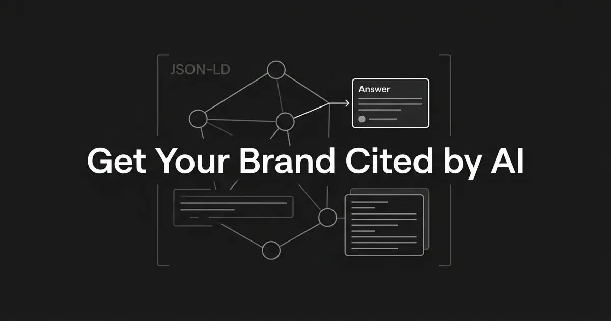 Monochrome charcoal cover showing a white geometric knowledge graph of connected entity nodes and JSON-LD structured-data blocks feeding into a highlighted answer citation card, with the centered cover line Get Your Brand Cited by AI.