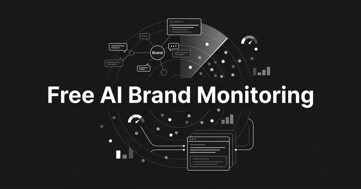 Monochrome geometric cover with the white cover line Free AI Brand Monitoring over a charcoal background, showing a central brand node linked to chat-answer bubbles, mention dots, and small sentiment and chart fragments.