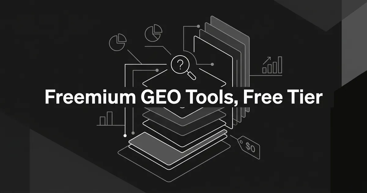 Monochrome geometric cover showing stacked tier cards with a highlighted free entry tier, connection nodes, and a $0 price tag, under the centered white cover line Freemium GEO Tools, Free Tier.