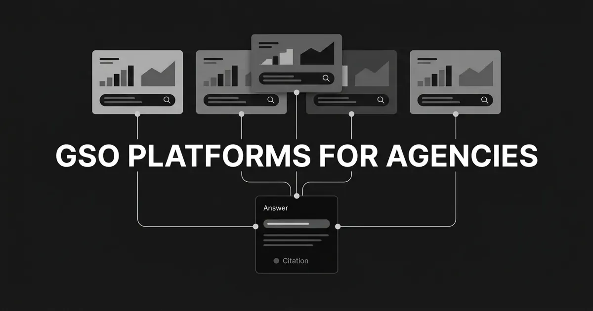 Monochrome flat-vector cover titled GSO PLATFORMS FOR AGENCIES, showing a row of separate gray client workspace cards with chart fragments and search bars, linked by thin white lines to a single central AI answer card marked with a citation.