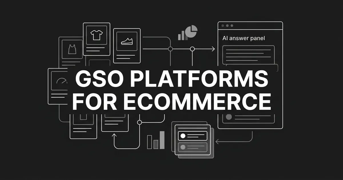 Monochrome abstract-geometric cover reading GSO Platforms for Ecommerce, with white linework product cards flowing through connection nodes into an AI answer panel on a charcoal background.