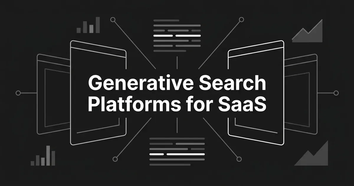 Monochrome abstract-geometric cover on a charcoal background, with the centered white cover line "Generative Search Platforms for SaaS" ringed by four outlined platform cards, one drawn in brighter white as the pick, linked by thin nodes and connection lines to stacked answer blocks and small chart fragments.
