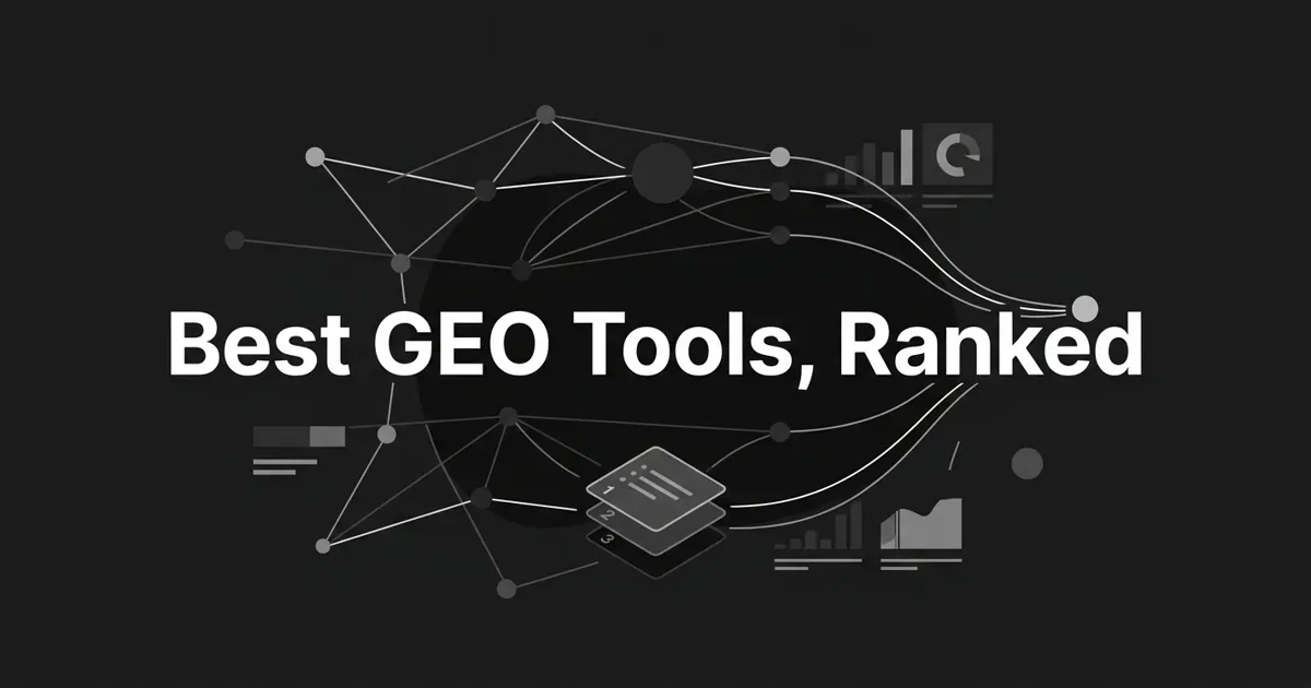 Monochrome abstract diagram of connected nodes converging on a single answer node beside ranked layered cards, with the centered white cover line Best GEO Tools, Ranked on a charcoal background.