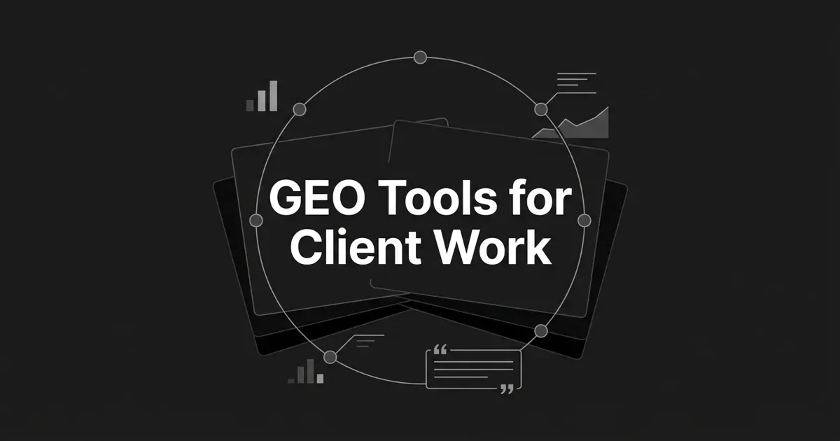 Monochrome flat-vector cover on charcoal showing layered client workspace cards ringed by a closed loop of nodes, chart fragments, and a quoted answer block, behind the centered white cover line "GEO Tools for Client Work".