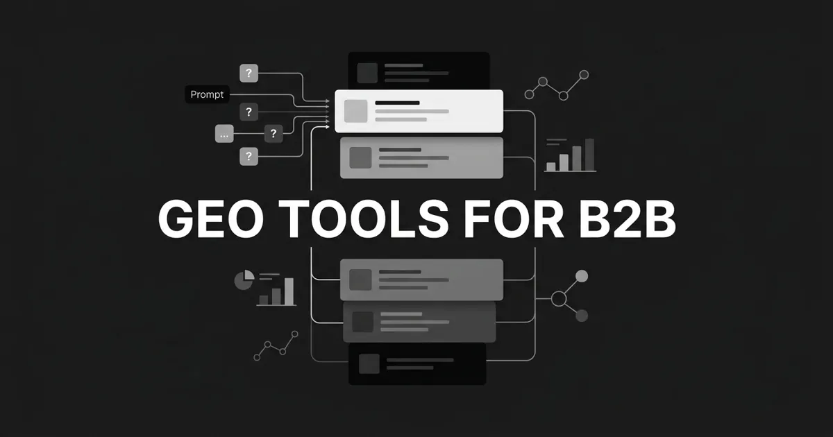 Monochrome flat-vector cover showing buyer prompt nodes feeding into a ranked stack of comparison cards with the top card highlighted in white, beside chart fragments and the centered cover line GEO Tools for B2B.