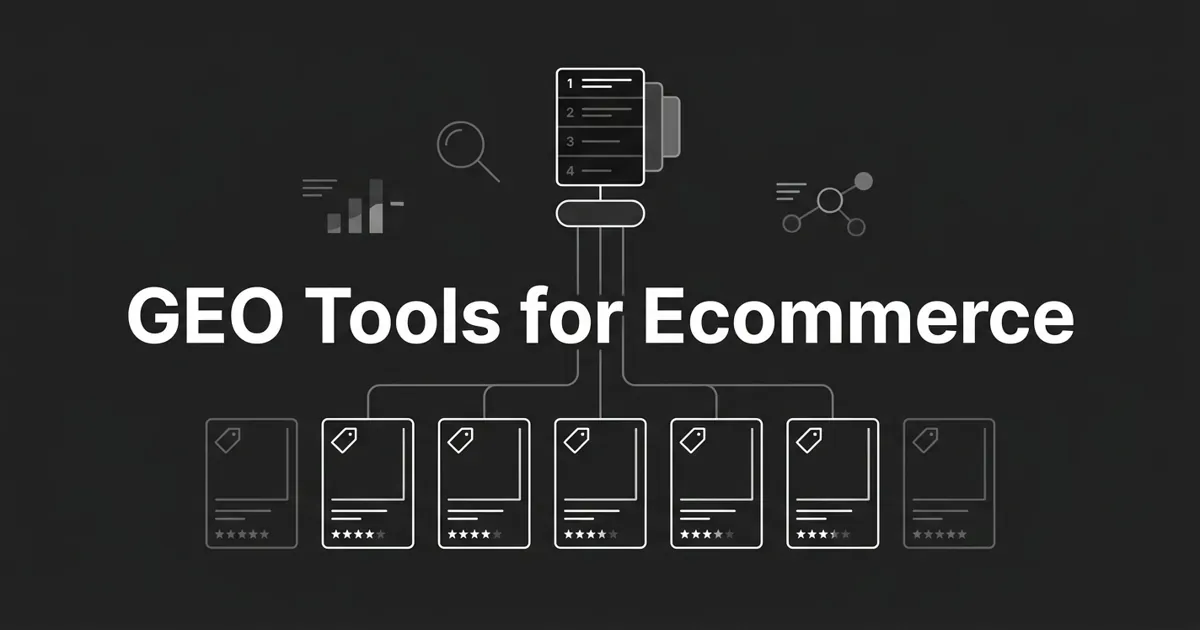 Monochrome abstract cover showing a row of star-rated product cards connected upward into a single ranked AI answer card, beside a search motif and chart fragments, under the centered white cover line GEO Tools for Ecommerce.