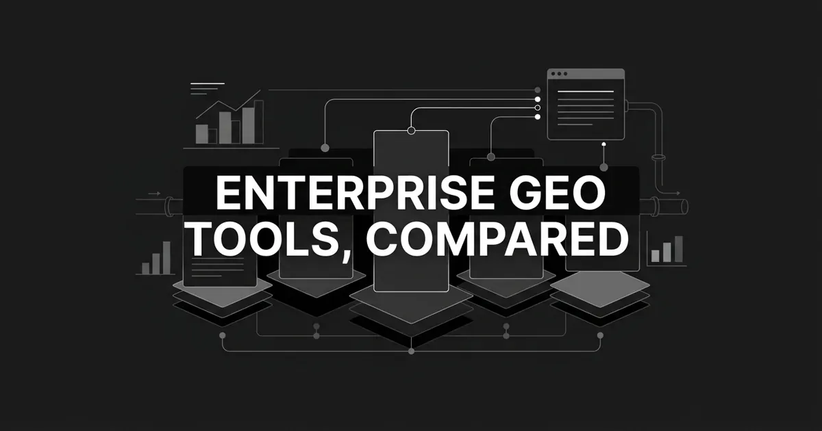 Monochrome abstract-geometric cover with the white cover line 'Enterprise GEO Tools, Compared' over a row of layered platform cards of differing heights, linked by thin connection lines and nodes to an answer panel alongside small chart fragments.