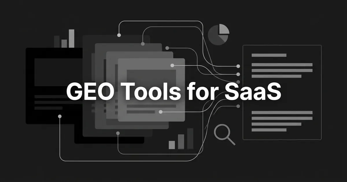 Monochrome flat-vector illustration of a stack of layered content cards linked by thin white connector lines and nodes into an answer panel of placeholder text bars, with the centered white cover line GEO Tools for SaaS.