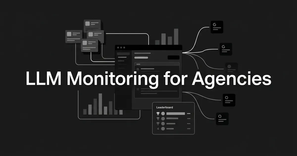 Monochrome geometric illustration of a single agency dashboard monitoring several client brand cards connected to multiple AI engine icons, with the centered white cover line LLM Monitoring for Agencies.