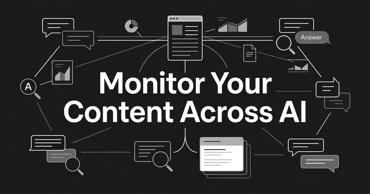 A monochrome charcoal cover with the white centered line 'Monitor Your Content Across AI', showing a central content node connected by thin white and gray lines to abstract AI answer-engine nodes and small citation and share-of-voice chart fragments.