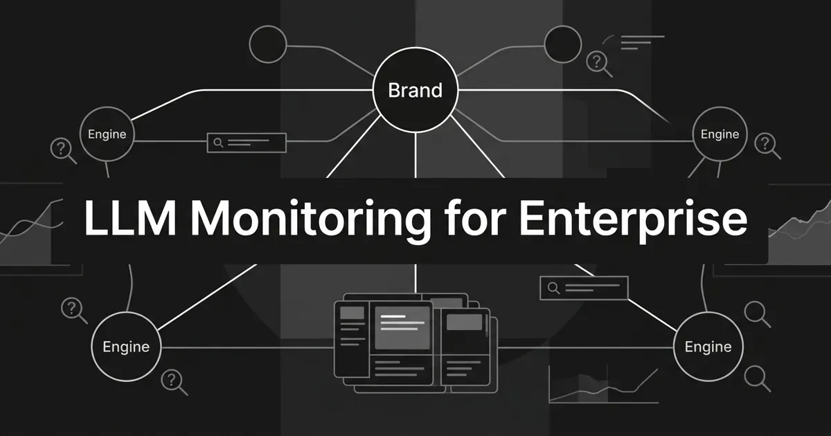 A monochrome charcoal cover showing a central brand node linked by white linework to surrounding AI engine nodes with small dashboard and chart fragments, under the centered cover line LLM Monitoring for Enterprise.