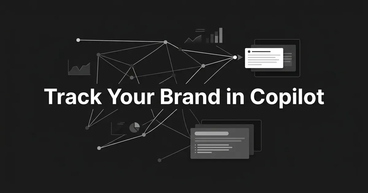 A monochrome charcoal cover with the white centered line "Track Your Brand in Copilot" over an abstract geometric network of nodes and connection lines converging on a highlighted answer card.