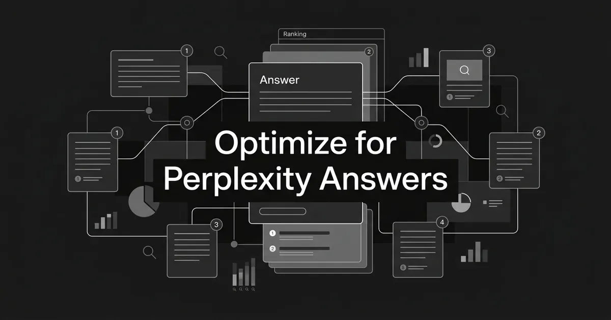 Monochrome geometric illustration of a central answer card linked by white linework to source cards and numbered citation markers, with the cover line Optimize for Perplexity Answers.