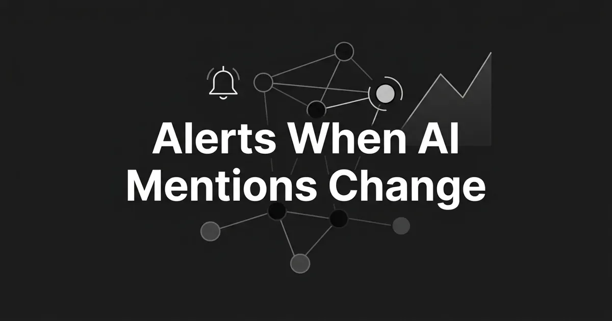 Monochrome charcoal cover with the white cover line 'Alerts When AI Mentions Change' over a diagram of connected nodes, a notification bell, and a rising and falling line chart signaling a tracked AI mention shifting.