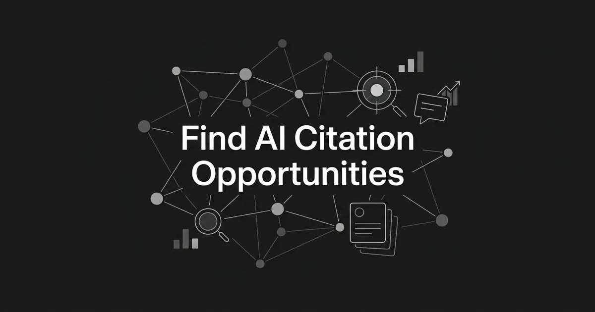 Monochrome flat-vector cover showing a network of prompt nodes with one highlighted gap and small ranking chart fragments, under the cover line Find AI Citation Opportunities.