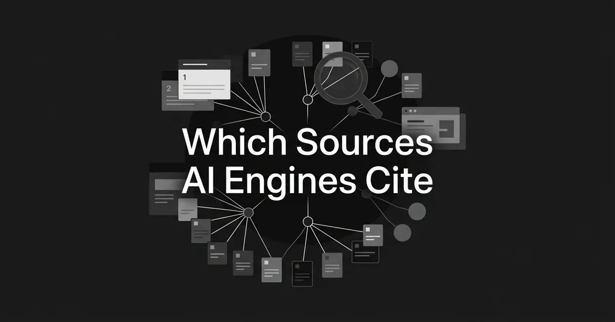 Monochrome charcoal cover with the white centered title 'Which Sources AI Engines Cite' over a network of nodes linked to source-document cards and a magnifier, illustrating discovery of the publishers AI engines cite.