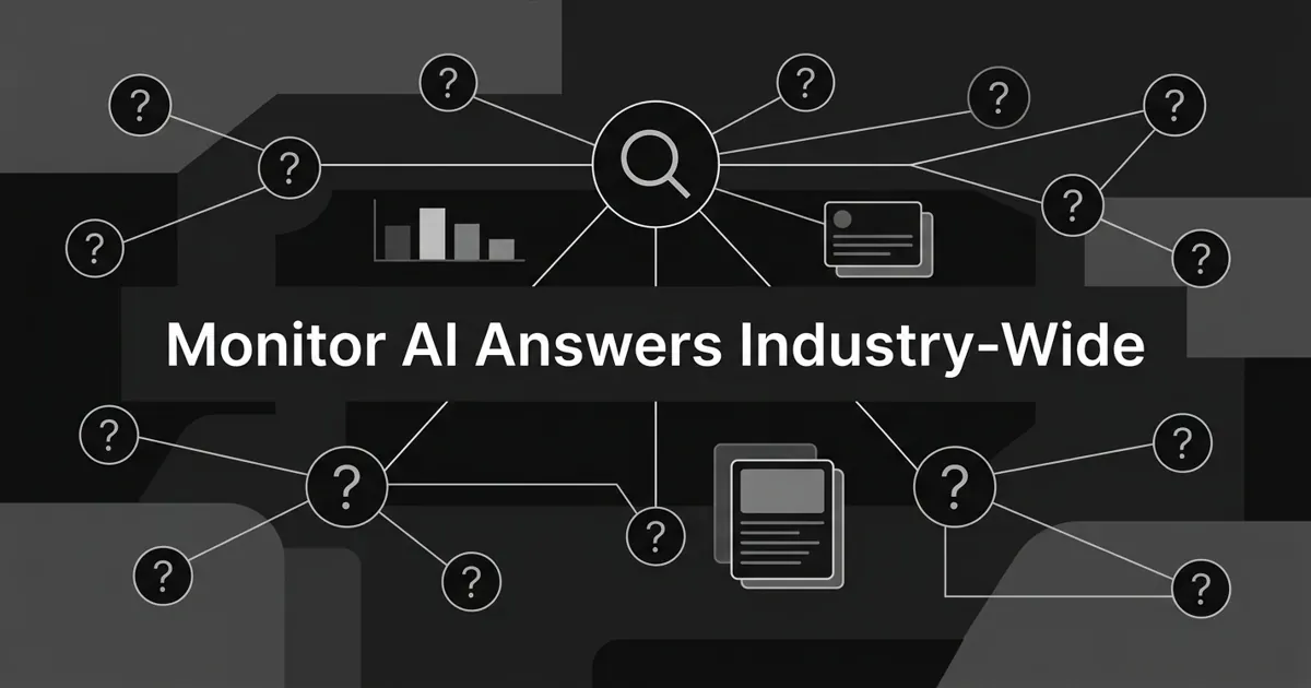 Monochrome charcoal cover showing a central AI search-and-answer node linked by white lines to a map of category question nodes, with a bar-chart leaderboard and layered brand cards, under the cover line Monitor AI Answers Industry-Wide.