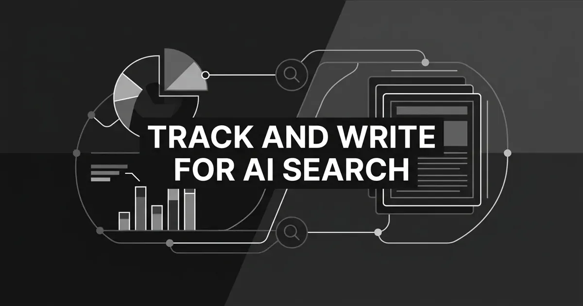Monochrome abstract-geometric cover showing a closed loop that connects an AI-visibility tracking motif to a content-production motif, with the white centered cover line 'Track and Write for AI Search'.