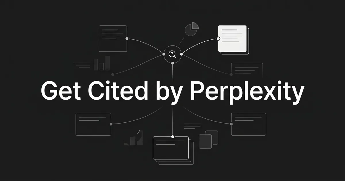 Monochrome charcoal cover with the white centered line "Get Cited by Perplexity" over an abstract node-and-connection diagram where lines fan from a central query node to several source cards, one highlighted as the cited source.