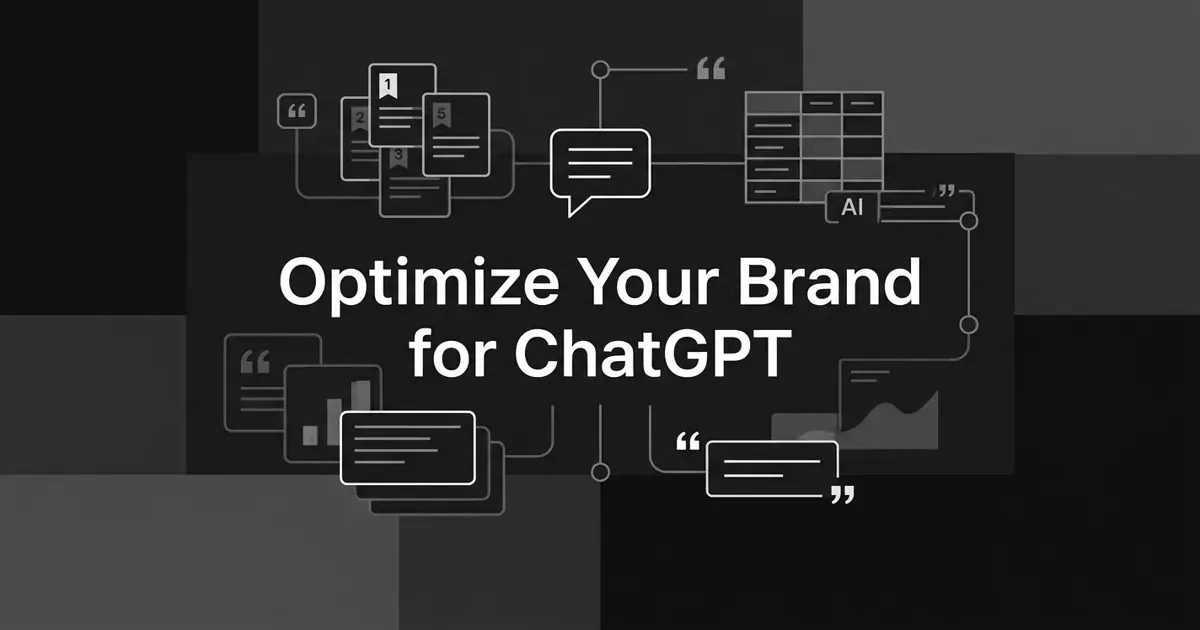 Monochrome charcoal cover with the white centered line 'Optimize Your Brand for ChatGPT' over an abstract diagram of a chat-answer node linked to ranked tool cards, a comparison grid, and a citation mark.