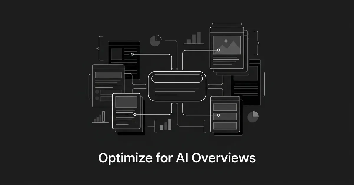 Monochrome abstract-geometric cover showing an AI answer capsule assembled from stacked content cards via thin connecting lines, with the centered white cover line 'Optimize for AI Overviews'.