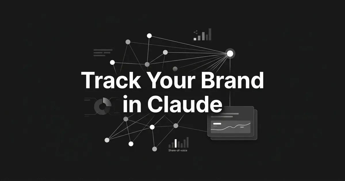 Monochrome charcoal cover with the white cover line 'Track Your Brand in Claude' over an abstract network of nodes and connection lines converging on a single tracked node, with chart fragments suggesting a visibility dashboard.