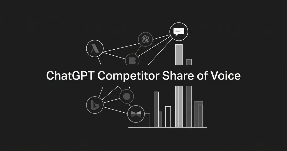 Monochrome abstract-geometric cover on a charcoal background showing ranked brand nodes, share-of-voice bar fragments, and a chat bubble, with the white cover line ChatGPT Competitor Share of Voice.