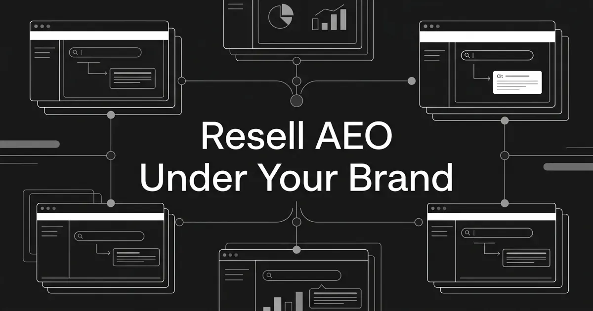 Monochrome charcoal cover with the centered white cover line 'Resell AEO Under Your Brand', surrounded by layered client-dashboard cards and connection nodes linking many branded workspaces to one central hub.