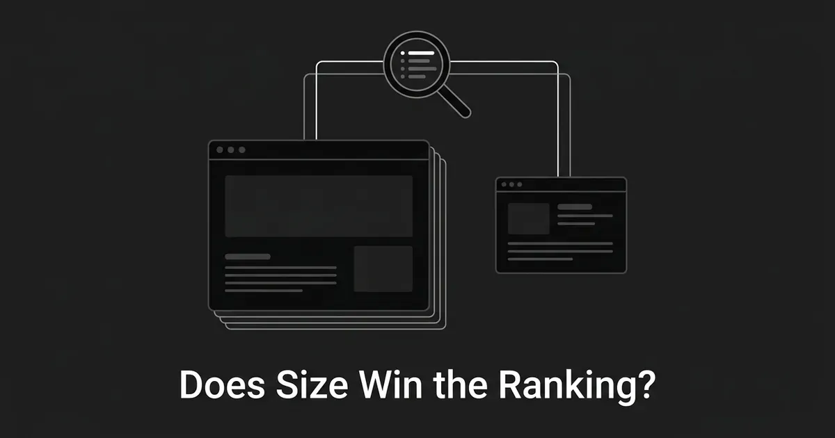 A large stacked webpage and a small single webpage, both connected to the same magnifying-glass search icon above them, under the line 'Does Size Win the Ranking?'