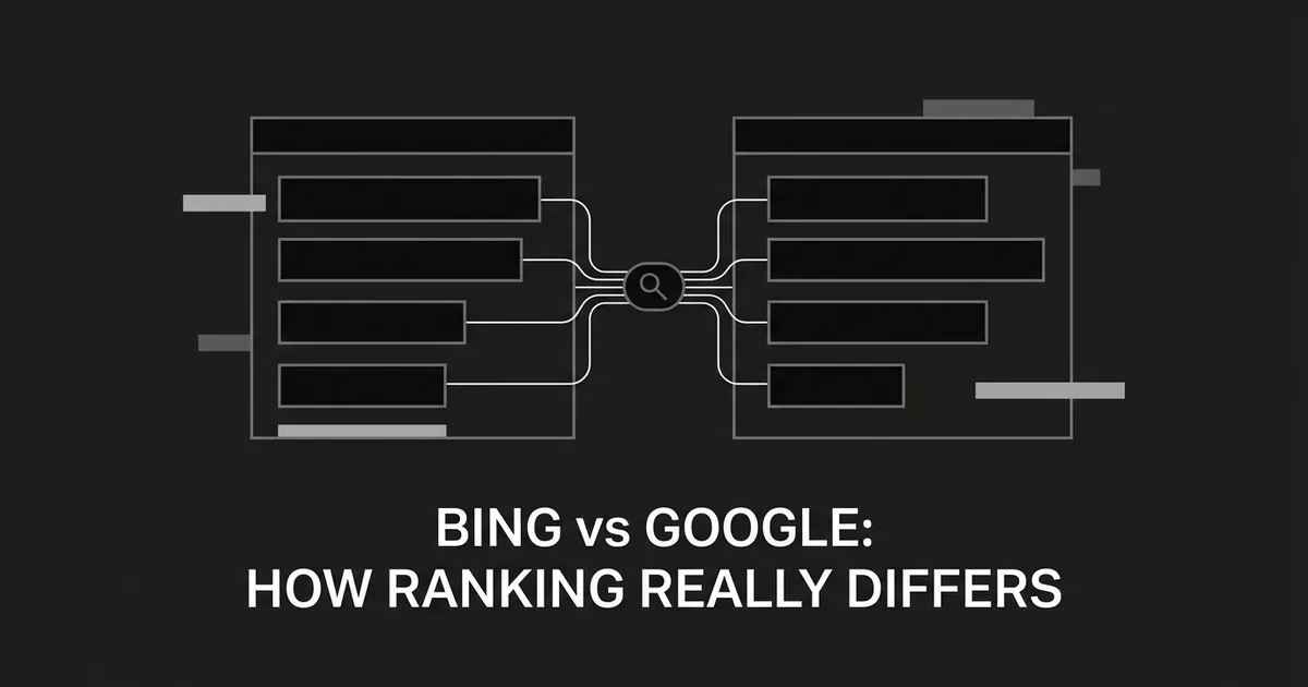 Two stacked rows of ranked search results flow into a shared search icon, illustrating Bing and Google evaluating the same query with separate ranking systems.