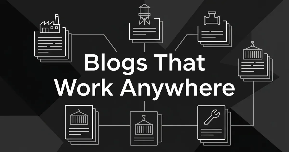 Article cards topped with line icons of a factory, water tower, pipe fitting, shipping container and wrench, linked around the centered words Blogs That Work Anywhere on a charcoal background.
