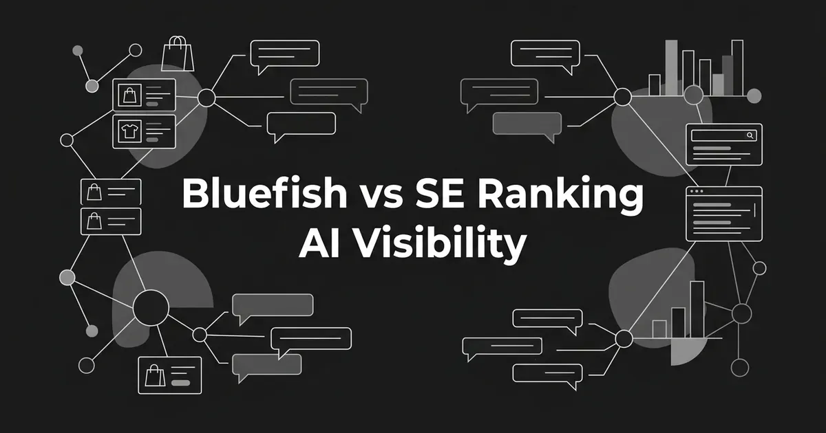 Monochrome cover showing two clusters of nodes, one with shopping bag and product cards and one with chart bars and search results, around the text Bluefish vs SE Ranking AI Visibility.