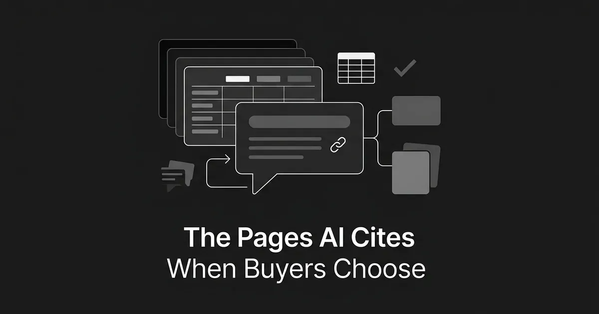 A monochrome illustration of a chat answer bubble linked by a citation icon to a stack of comparison-table cards and branching alternative option cards, with the text The Pages AI Cites When Buyers Choose.