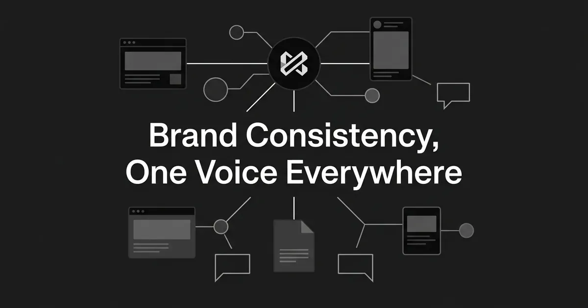 A monochrome diagram of a central brand mark connected by thin lines to a website window, a social post, a document, and chat bubbles, with the cover line Brand Consistency, One Voice Everywhere.