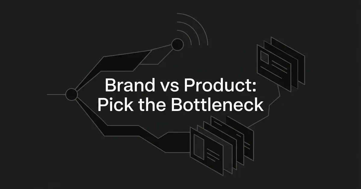 An abstract monochrome diagram showing a single path splitting into two branches, one ending in a radiating signal node and the other in stacked layered cards, with the headline Brand vs Product: Pick the Bottleneck centered over the split.