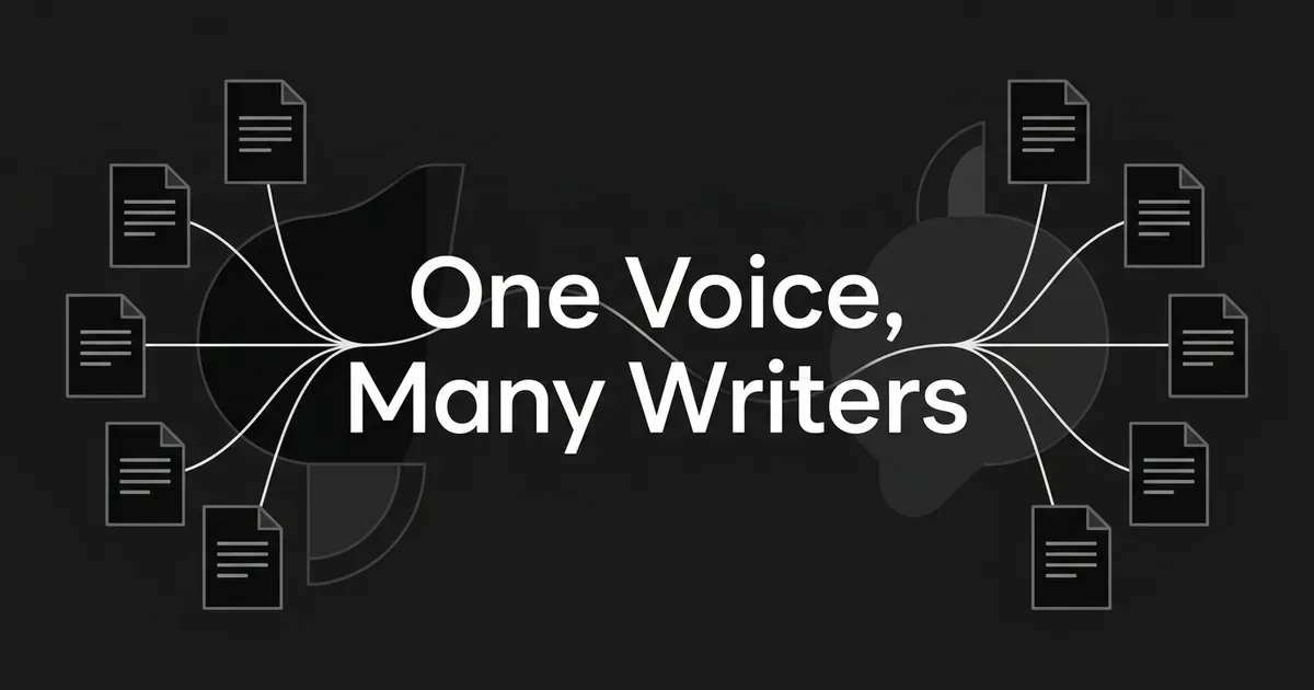 Five document cards on each side of the headline One Voice, Many Writers, with thin lines running from every card into one shared wave line, on a charcoal background.