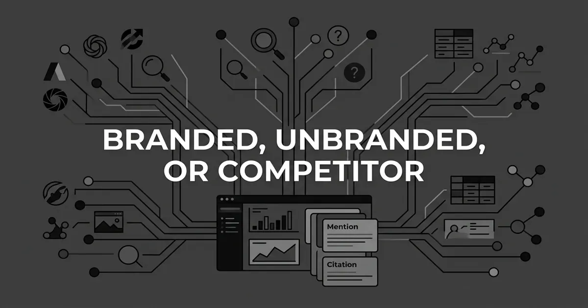 A monochrome abstract diagram showing three query streams, branded, unbranded, and competitor, converging into a single AI visibility tracking dashboard, under the cover line Branded, Unbranded, or Competitor.