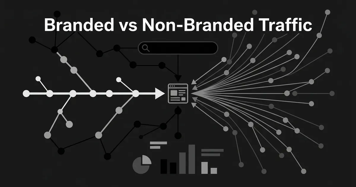 Abstract monochrome diagram showing one direct line of traffic and a wide fan of scattered search paths both converging on a single site icon, illustrating branded versus non-branded traffic.
