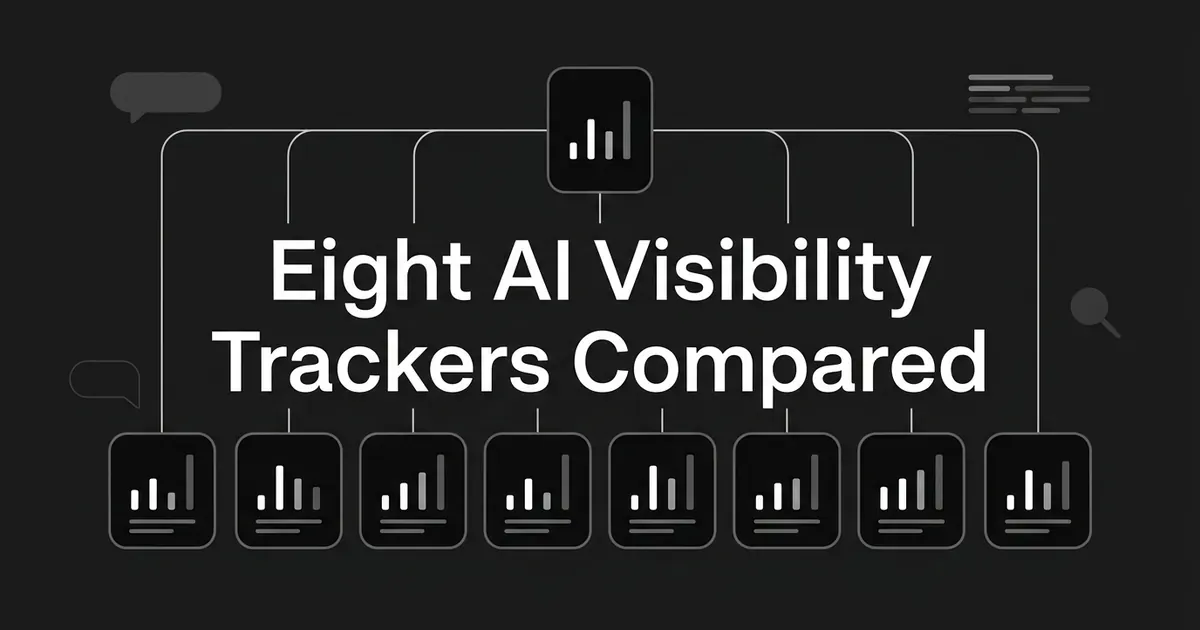 A monochrome diagram on charcoal showing eight small cards of bar-chart fragments linked upward to one larger card, under the cover line Eight AI Visibility Trackers Compared.