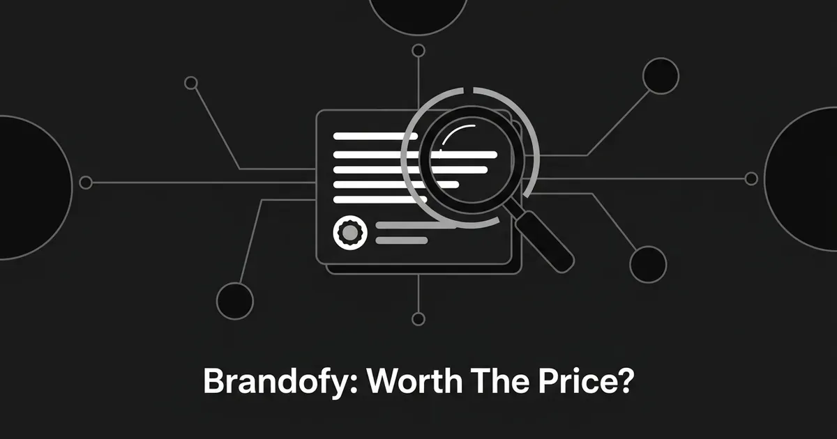A monochrome illustration of a magnifying glass scanning an answer-box card connected by thin lines to surrounding brand nodes, with the cover line Brandofy: Worth The Price.