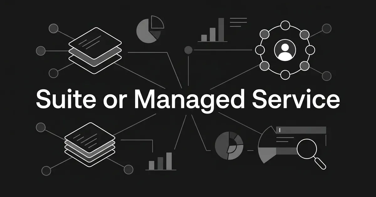 Dark monochrome illustration of a stacked-card software suite on one side and a ring of nodes around a person on the other, joined to the cover line Suite or Managed Service.