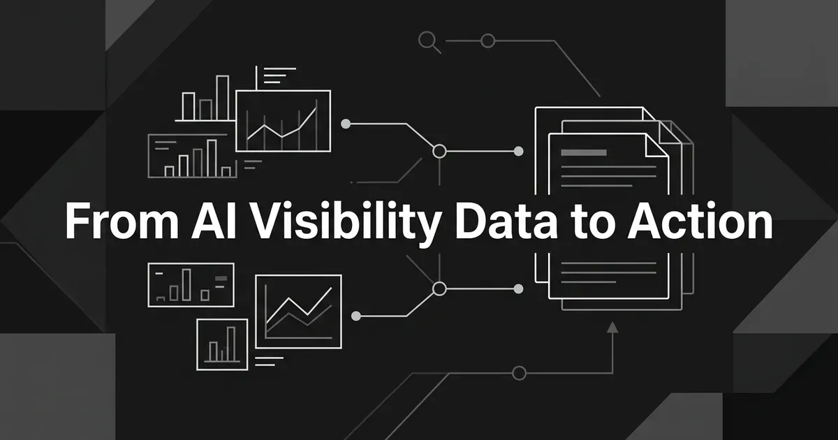 Monochrome cover with the line From AI Visibility Data to Action, showing small chart fragments connected by lines to a stack of page cards.