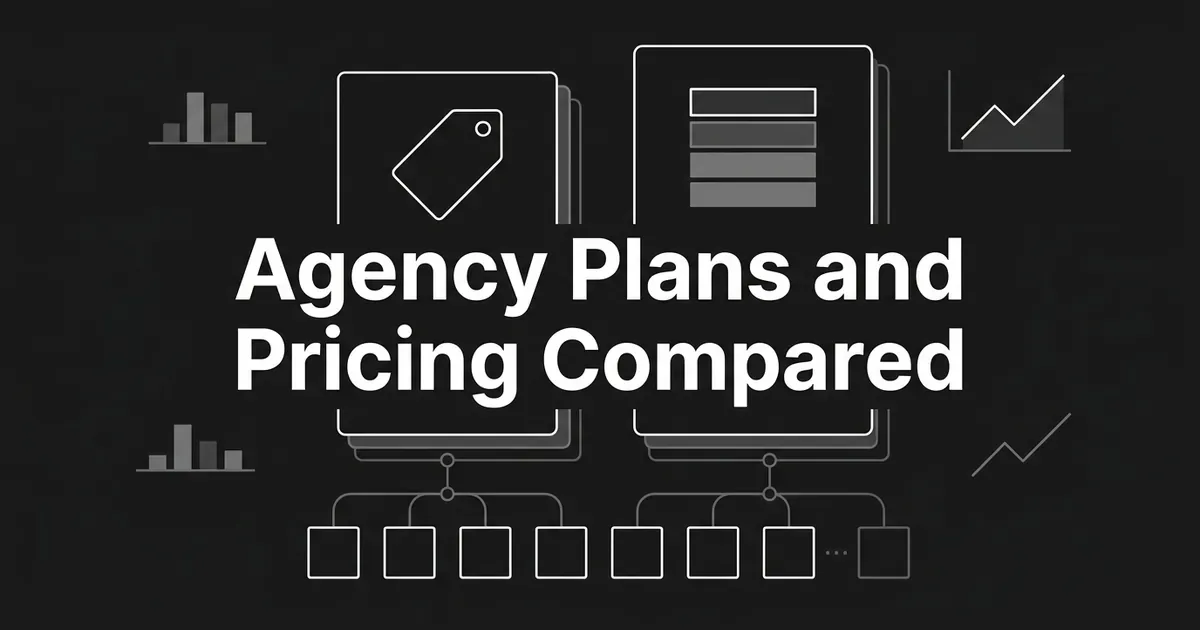 A dark monochrome cover with the line Agency Plans and Pricing Compared over two layered cards, a price tag and a stack of plan tiers, connected to a row of client tiles.