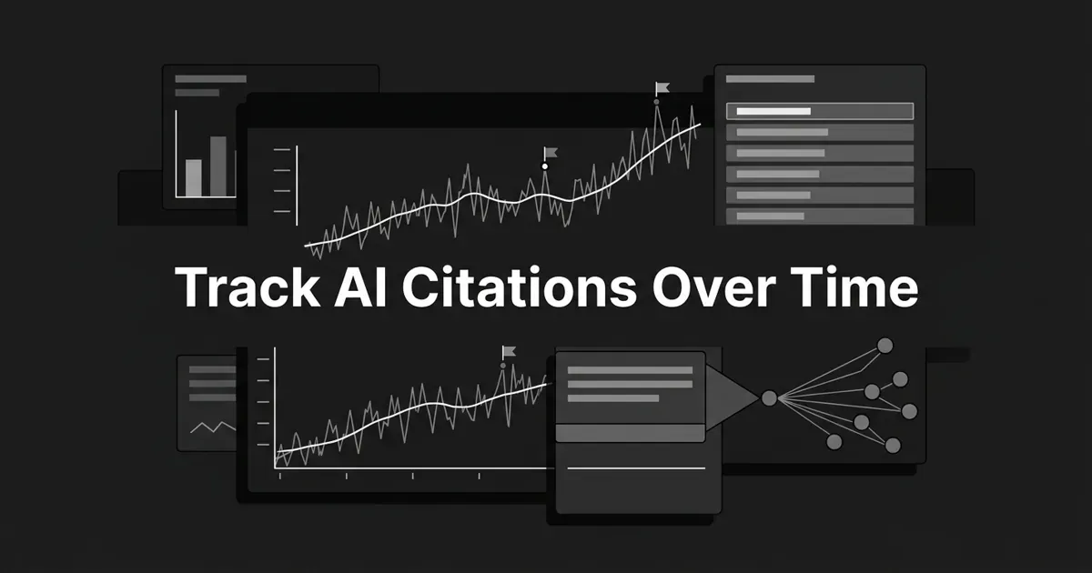 Monochrome dashboard illustration with the cover line "Track AI Citations Over Time", showing noisy citation trend lines smoothed by moving averages, flagged outlier days, a ranked competitor leaderboard, and a cluster of connected nodes representing multiple AI engines.