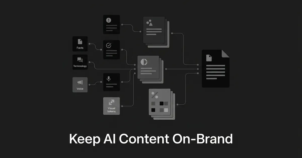 A monochrome diagram of labeled brand kit cards, including facts, terminology, voice, and visual tokens, flowing along connection lines into one merged configuration document, with the cover line Keep AI Content On-Brand.